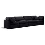 Meridian Furniture - Indulge Upholstered Modular Sofa, Black, 4-Piece: 2 Armless Chair, 2 Corner Chair, Down Stuffed Velvet - Experience ultimate comfort and style with our black velvet Indulge Sofa. The luxurious velvet will elevate the aesthetic of any room. This sofa provides ample space for you to relax while its modular build offers the option of unlimited configurations. Whether you're looking to add a stylish element to your living room or a comfortable seating option to your bedroom, this sofa is the perfect choice.