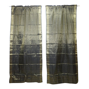 2 Indian Silk Sari Curtains Door Panel Grey Brocade Border Wedding