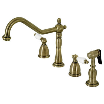 Kitchen Faucet, Dual White Handles & Side Sprayer, Antique Brass
