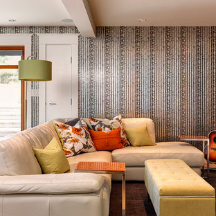 Inspiration for an eclectic enclosed home cinema in Vancouver with multi-coloured walls, cork flooring and a wall mounted tv.