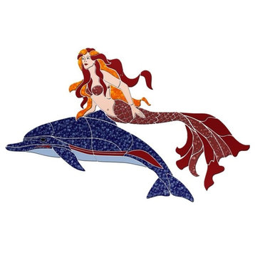 Mermaid & Crystal Dolphin Ceramic Swimming Pool Mosaic 60"x38", Red