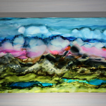 Cloudland - Blue, Green and Pink Abstract Painting, Mountainside Landscape