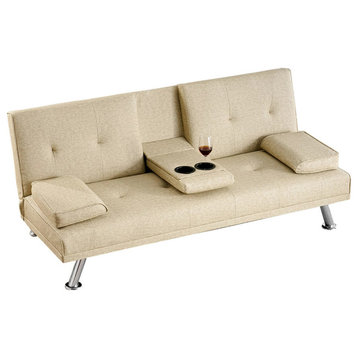 Comfortable Futon Sofa, Movable Arms & Fold Down Cup Holder