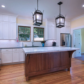 Transitional White Kitchen with Cherry Island