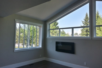 Inspiration for a mid-sized timeless enclosed dark wood floor living room remodel in Vancouver with beige walls