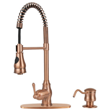 Copper Pull Down Kitchen Faucet With Soap Dispenser and Deck Plate, All in One