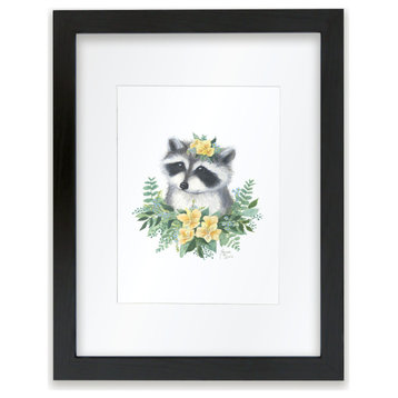 "Woodland Littles 1" Raccoon Framed Print, With Mat, Black, 11"x14"