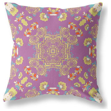 16" Purple Yellow Wreath Indoor Outdoor Zippered Throw Pillow