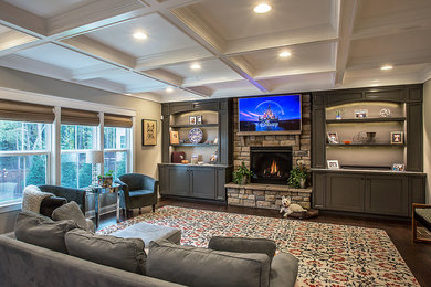 Family room - mid-sized transitional enclosed dark wood floor family room idea in Richmond with beige walls