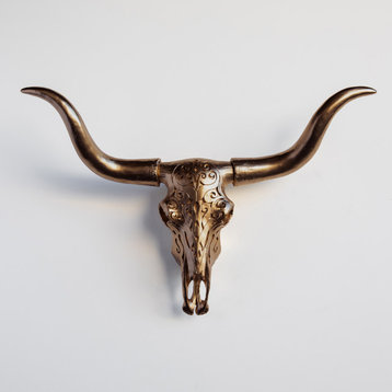 Faux Large Carved Texas Longhorn Wall Decor, Bronze