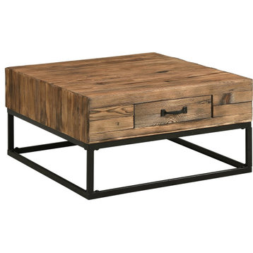 Industrial Coffee Table, Metal Frame With Drawer & Plank Top, Rustic Natural