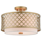 Livex Lighting - Livex Lighting Arabesque Light Ceiling Mount, Soft Gold - Our Arabesque three light semi flush mount will add refined style and a hint of mystery to your decor. The off-white fabric hardback shade creates a warm illumination, while the light brings to life the intricate soft gold cutout pattern.
