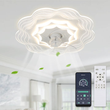 Flush Mount Dimmable Ceiling Fan with Remote Control and APP Control, 6-Speed, White