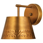 Z-Lite - Maddox One Light Wall Sconce, Rubbed Brass - This one-light wall sconce from the Maddox collection creates a seamless easy-living look for casual spaces in need of extra lighting. Rubbed brass finish iron adds a decadent look to a sconce featuring a conical shade with a texturized hammered belt detail and matching wall mount. Dress up a bathroom or hallway space with this elegant light that incorporates farmhouse and industrial motifs.