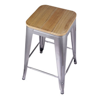 Silver Metal Bar Stools, Light Wooden Seat, Set of 3 - Industrial - Bar ...