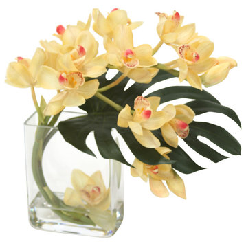 Waterlook® Champagne-Burgundy Cymbidium Orchids with Split Philo Leaf
