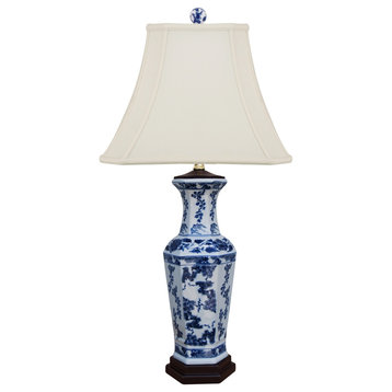 Blue and White Floral Motif Hexagonal Vase Table Lamp 28"