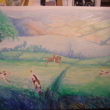 Panoramique:" Chasse à courre et moutons".gros plan chiens.