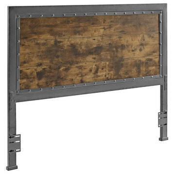 Industrial Headboard, Metal Frame With Brown Wooden Panel, Queen Size