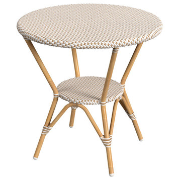 Tobias Outdoor Rattan and Metal Round Bistro Table, Beige and White