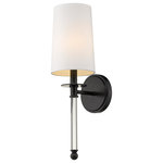 Z-Lite - Mila One Light Wall Sconce, Matte Black - Graceful modern design creates a lift for contemporary bathrooms bedrooms and hallways with this elegant one-light wall sconce. Indulge in an artistic linear silhouette blending matte black finish steel with delicate crystal forming an enticing vertical stem. A fresh white fabric shade seals the classic look of this sconce a perfect solution for a challenge of extra lighting.