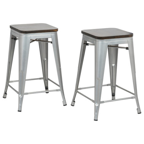 Cormac 24" Square Counter Stool Set of 2, Silver and Elm