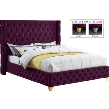 Savan Velvet Upholstered Bed, Purple, Queen