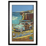 Yosemite Home D�cor - One Pacific Coast Highway - Highway 1 is said to be a favorite route for folks traveling throughout the West Coast. Its coast hugging roads provide photo worthy backdrops of cliffs and oceans as depicted in this piece.  This is another one of our 3D collage pieces showing an old station wagon ready for California exploration. A white matte and black frame encased in glass add to the clean look ready for any decor.