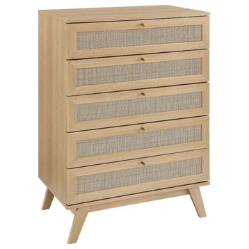 Modway Soma 5-Drawer Rattan MDF and Particleboard Chest in Oak