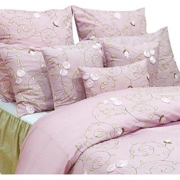 Double Duvet Cover in Soft Pink Cotton with Ribbon Embroidery, Floral Fantasy