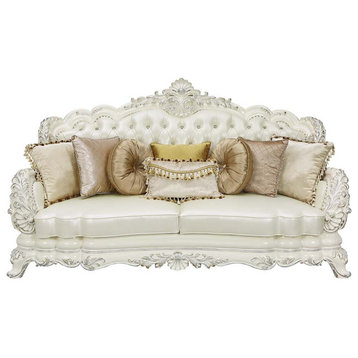 Acme Adara Sofa With 7 Pillows White PU and Antique White Finish