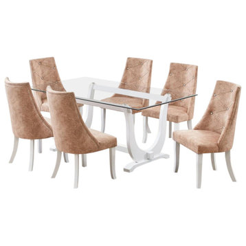 7 Piece Dining Set, Light Brown Fabric and White Wood, Table and 6 Chairs