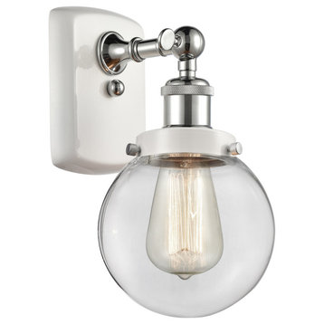 Ballston Beacon 1 Light Wall Sconce, White and Polished Chrome, Clear Glass