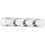 Mitzi - 4 Light Bath Sconce, Polished Nickel - Opal glass spheres are held gem-like within a Polished Nickel or Aged Brass setting, bringing a modern jewelry aesthetic to the bath or powder room. The two-, three-, and four-light options are displayed within an elegant metal racetrack frame and can be mounted vertically or horizontally making them perfect solo above a mirror or in pairs alongside it.