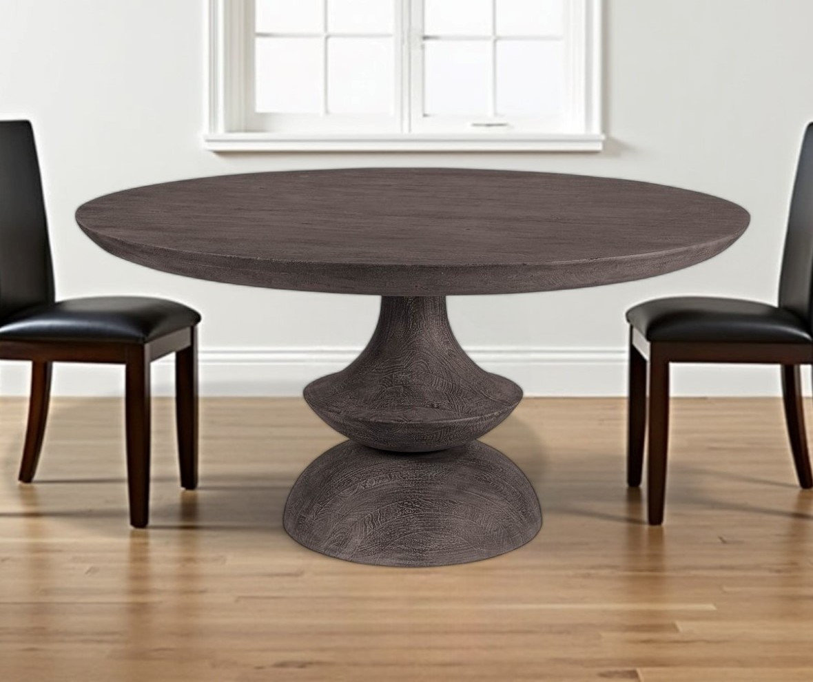 60" Gray Rounded Solid Wood Pedestal Base Dining Table - Farmhouse ...