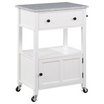 OSP Home Furnishings - Fairfax Kitchen Cart With Granite Top and White Base - Capturing the classic charm of the modern farmhouse aesthetic, our Kitchen Cart with Granite Top, combines beauty and functionality. Its multifunctional design makes it perfect for food preparation, serving, and kitchen storage. Beautiful from every angle, it features a wood painted finish, contrasted with the clean lines of a durable granite food prep surface. Handy top drawer will hold all your cooking utensils. Mid-level open shelving area is ideal for displaying extra-large pots, while the lower storage compartment is perfect for storing large mixing bowls and serving pieces. Towel bar and heavy-duty hardware provide long lasting appeal.  A must-have addition to any home, this charming kitchen cart is sure to be your new favorite place for both cooking and stowing away countertop clutter.