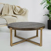 Modern Coffee Table, Crossed Golden Base With Thick Round Wooden Top, Brown
