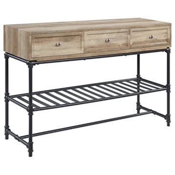Industrial Console Table, Pipe Style Metal Frame With Sandy Oak Top & 3 Drawers