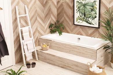 Inspiration for a mid-sized contemporary kids bathroom in Other with a drop-in tub, beige walls, bamboo floors and beige floor.
