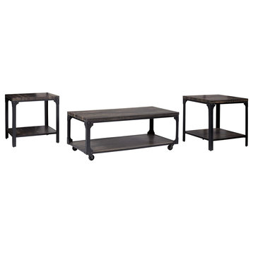 3 Pieces Coffee Table Set, Industrial Design With Bottom Open Shelf, Brown/Black