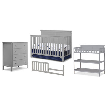 4 Pieces Bedroom Set, Convertible Crib/Bed, Changing Table & Dresser, Gray