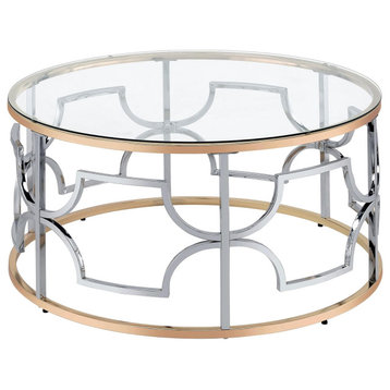 Unique Coffee Table, Golden Frame With Geometric Chrome Pattern & Glass Top