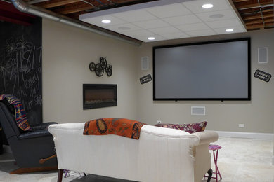 Home theater - small transitional open concept ceramic tile and white floor home theater idea in Chicago with beige walls and a projector screen