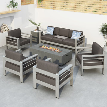 GDF Studio Coral Bay Outdoor Aluminum 7 Seater Chat Set with Fire Pit, Light Gray