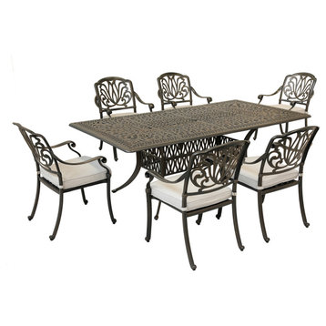 7-PieceAluminum Dining Set With 6 Cushioned Arm Dining Chairs, Dessert Night/Cast Silver
