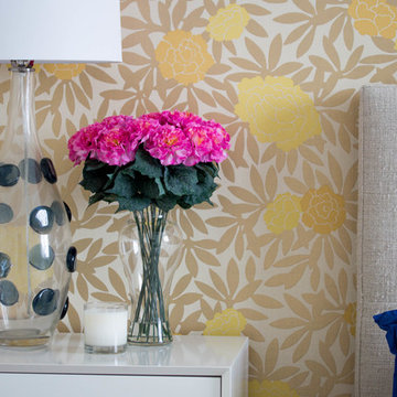 Guest Bedroom with Yellow, Gold Metallic Wallpaper and Blue Accents