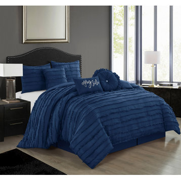 Merle Merbabe 7-Piece Bedroom Bedding Comforter Set, Navy, King