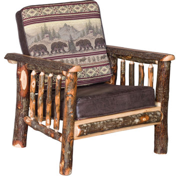Hickory Log Living Room Chair with Faux Brown Leather Seat and Accents, Bear Run