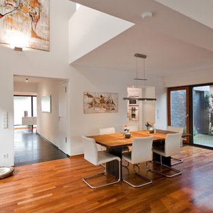 エッセンの広いコンテンポラリースタイルのLDKの画像 (白い壁、無垢フローリング)