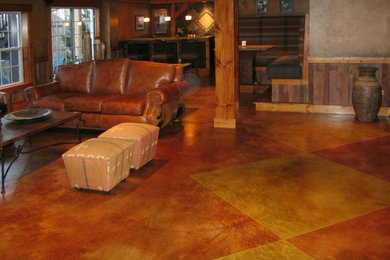 Design ideas for a large traditional walk-out basement in St Louis with multi-coloured walls and concrete floors.
